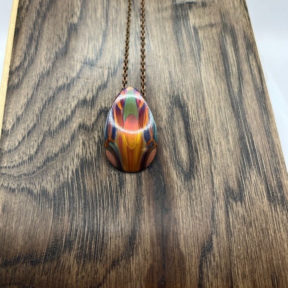Copper Painted  Teardrop Pendant Necklace Artisan Made One of a kind Colorful - Picture 14 of 15